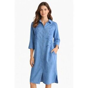 Utsa Womens Blouse Embroidered Cotton Tunic Dress L faux Button Front Pockets